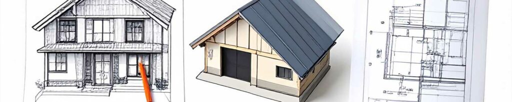 Dessin d'une maison accompagné des plans et de sa représentation en 3D