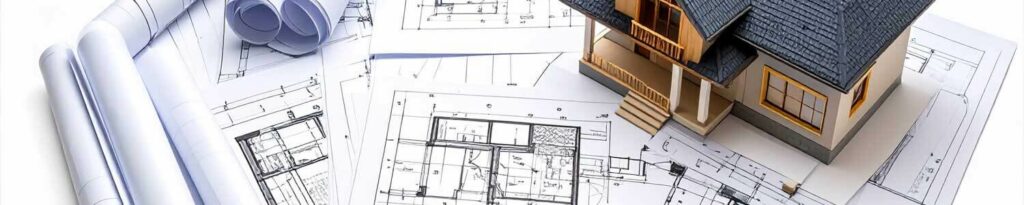 Des plans d'architecture et des plans roulés sont étalés sur une table sur laquelle est posée une petite maquette de maison.