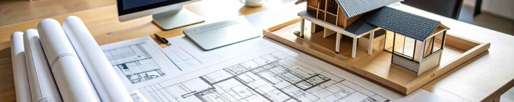 Des plans d'architecture et des plans roulés sont étalés sur une table sur laquelle est posée une petite maquette de maison.