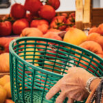 Une main tient un panier en plastique vert près d'une pile de tomates et de cucurbitacées sur un stand de marché.