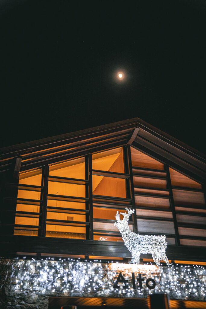 Un renne lumineux et des guirlandes lumineuses ornent un bâtiment la nuit, sous le regard de la lune.