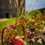 Décoration en forme de cœur au milieu de plantes, devant la basilique d'Aime