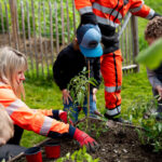 Employées aux espaces verts de la commune plantant un arbre avec des enfants