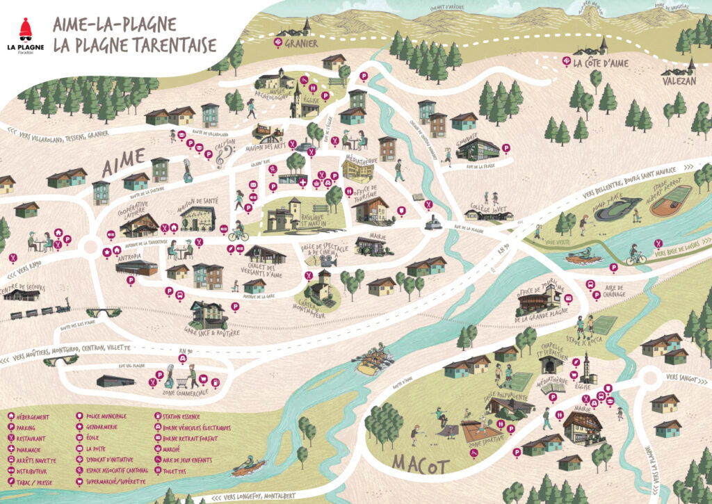 Carte illustrée d'Aime-La-Plagne montrant les bâtiments, les routes, les rivières, les arbres et les points d'intérêts.