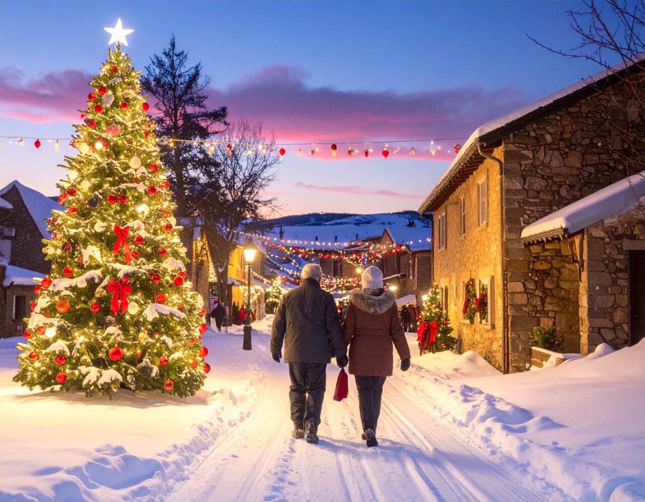 Deux séniors de dos se tiennent la main et marchent dans la rue d'un village couvert de neige et décoré de lumières et de sapins de Noël