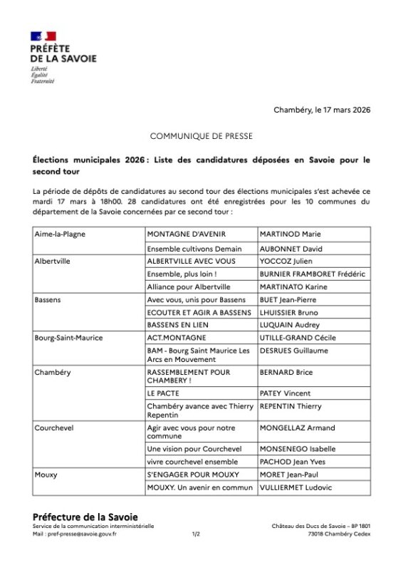communiqué de presse de la préfecture de Savoie. Liste des candidats au 2nd tour des élections. 